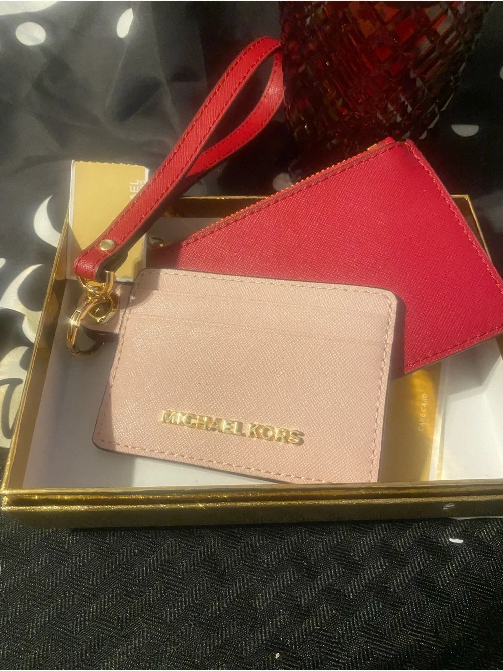 MICHAEL KORS Pink &Red Leather Card Holder Wristlet Set 7.5”bracelet/starbucks
